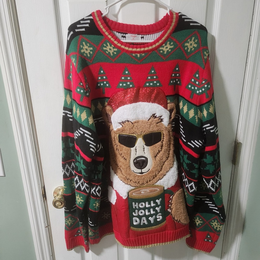 Holiday Time Christmas Sweater Womens 2XL Red Fair Isle Bear Holly Jolly Days